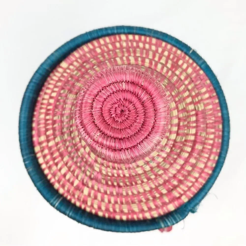All Across Africa Handmade Colorful Woven Coil 11” Lidded Tassel Basket Canister